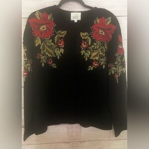 Susan Bristol 1995 L cardigan button up sweater Black Hand Embroidered Red Gold